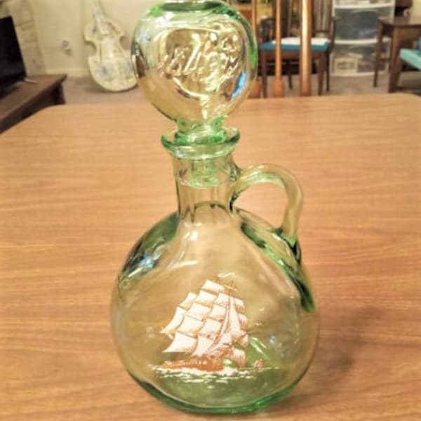 Retro Old Fitzgerald Whiskey Flagship Green Glass Decanter with Stopper, 10.2" Tall