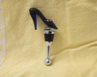 Vintage Bottle Stopper, Cobalt Glass Shoe, Stainless, 4" Long, Wine (Read Description) (Shipping Included)