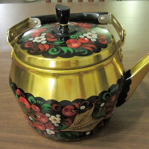 On Sale: Retro Aluminum & Wood Folk Art/Tole Painted Colorful Tea Pot With Lid, 8.5&quot; Tall, 6.5&quot; In Diameter (Please Read Description)