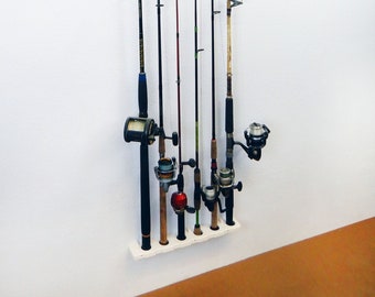 Vertical 6 Fly Fishing Rod Holder Vertical Console Boat Wall Rack Bungee - Fishing rod storage - White fishing rod rack