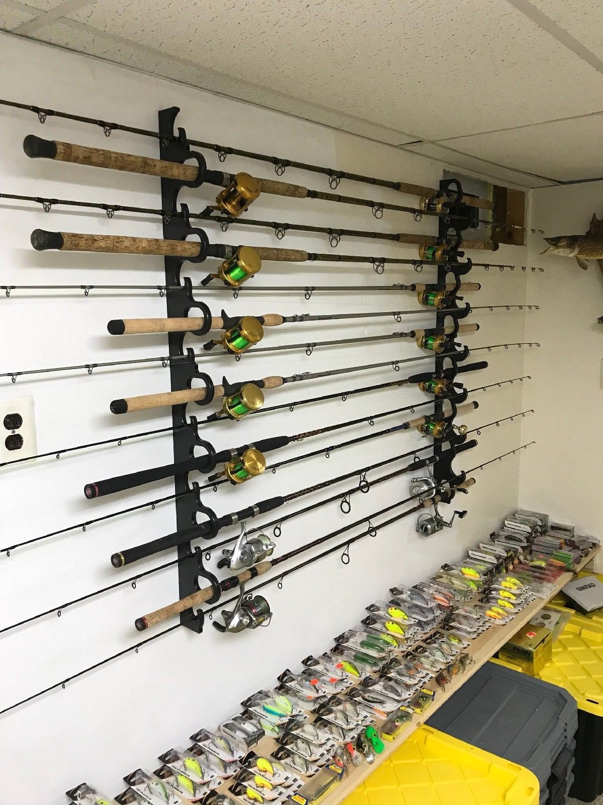 15 Deluxe Fishing Rod Pole Reel Holder Garage Wall Mount Rack