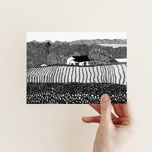 Farmhouse art print 5x7 or 8x10, Black and white landscape, Line drawing print