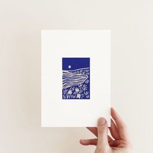 Linocut landscape print, Lake art, Minimalist blue wall art, Bohemian decor, 2x3 matted to 5x7