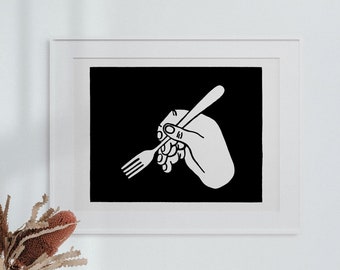 Minimalist Lino Print of Hand with Fork, Linocut Block Print for the Kitchen, Foodie Gift, Black and white, 9x12