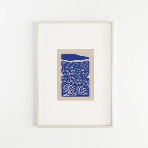 Linocut, Lino print, Block print art, Bohemian wall decor, Abstract landscape print, Blue decor, 2x3 matted to 5x7