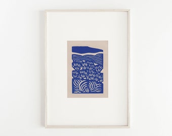 Linocut, Lino print, Block print art, Bohemian wall decor, Abstract landscape print, Blue decor, 2x3 matted to 5x7