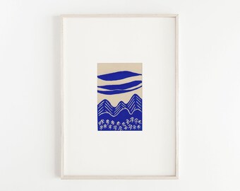 Block print landscape, Linocut print, Cloud art, Tiny art, Mountain landscape, 2x3 matted to 5x7