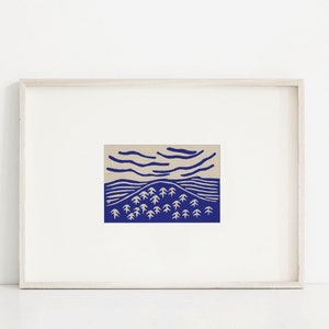 Block print, Tiny landscape art, Cloud print, Minimalist linocut, Forest art, 2x3 matted to 5x7