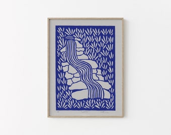 Block Print, Lino Print Waterfall in Blue, Open Edition Linocut Art, Nature Inspired, Hand Printed, 6x8"