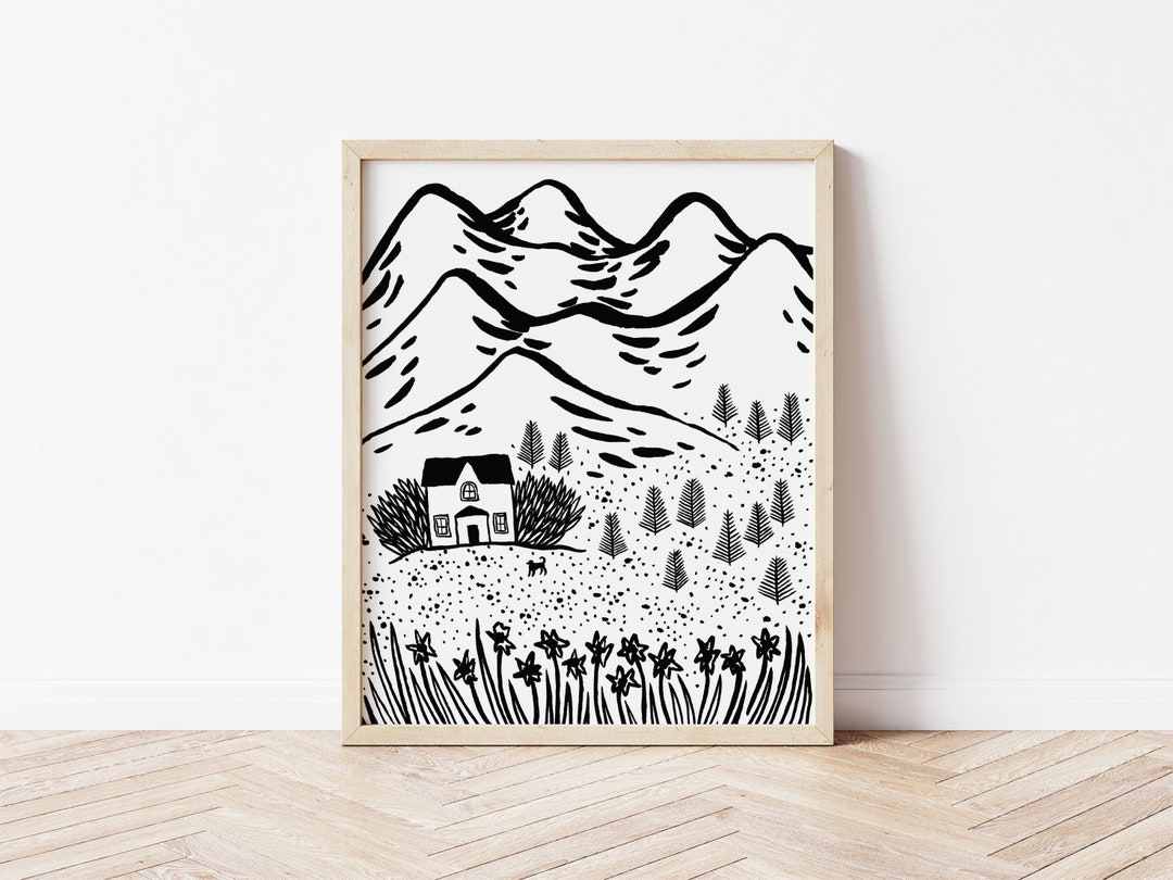 Landscape Print Minimalist Wall Art Mountain Art Print Dog Etsy