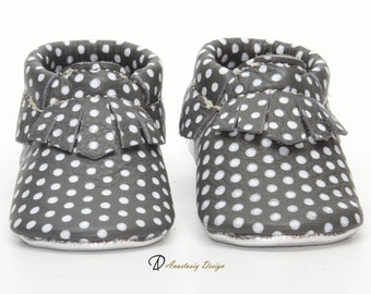 Baby Moccasins, Dark Gray and Silver with White Polka Dot Fringed Leather Baby Shoes Baby Girl Moccasins, Toddler Moccasins, Baby Girl Shoes