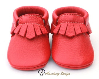 Mocassini in pelle rossa per bambini: scarpe con frange per bambini piccoli