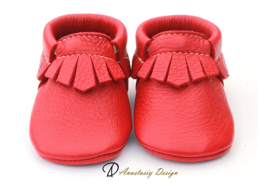 Red Leather Baby Moccasins: Fringed Toddler Shoes