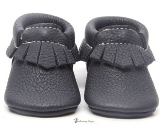 Baby Moccasins, Genuine Leather Baby Moccs, Dark Grey Fringe Leather Baby Moccasins, Baby Boy Moccasins, Toddler Moccasins, Baby boy shoes