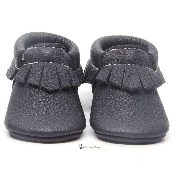 Handmade Leather Baby Moccasins: Dark Grey Fringe Moccs