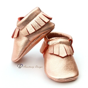 Baby Moccasins Leather Baby Moccasins, Rose Gold Fringed Leather Baby Moccasins, Baby Girl Moccasins, Toddler Moccasins, Baby Girl Shoes image 1