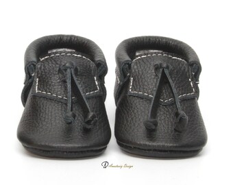 Handmade Leather Baby Moccasins: Onyx Black Loafers with Tassels