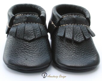 Handmade Leather Baby Moccasins: Black Fringe Moccs