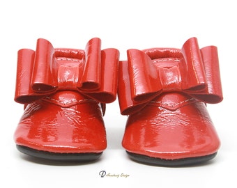 Handmade Glossy Red Leather Baby Moccasins with Bow