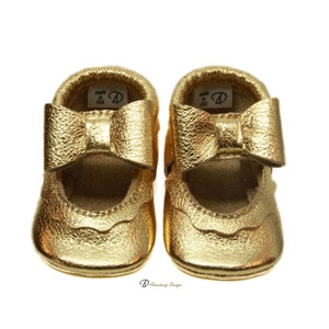 Baby Moccasins, Gold Bow Mary Jane Baby Moccasins, Baby Girl Shoes, Toddler Moccasins, Baby Girl Moccasins, Soft Sole Baby Shoes
