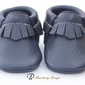 Baby Moccasins, Genuine Leather Baby Moccs, Navy Blue Classic Fringe Leather Baby Moccasins, Toddler Moccasins, Baby Shoes, Toddler Moccs