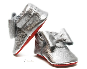 Silver Bow Leather Baby Moccasins Red Bottom, Baby Girl Moccasins, Toddler Moccasins, Baby Girl Shoes