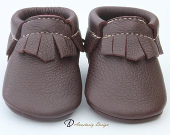 Handmade Leather Baby Moccasins: Dark Brown Fringe Shoes