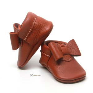 Baby Moccasins, Sienna Brown Bow Leather Moccasins, Toddler Shoes, Baby Girl Moccasins, Baby Girl Shoes, Toddler Moccasins
