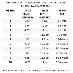 Puede incluir: Tabla de tallas para zapatos de ni&ntilde;os, que muestra la talla de zapato estadounidense, la longitud del zapato en pulgadas y cent&iacute;metros, y la edad aproximada. La tabla muestra las tallas del 1 al 10.