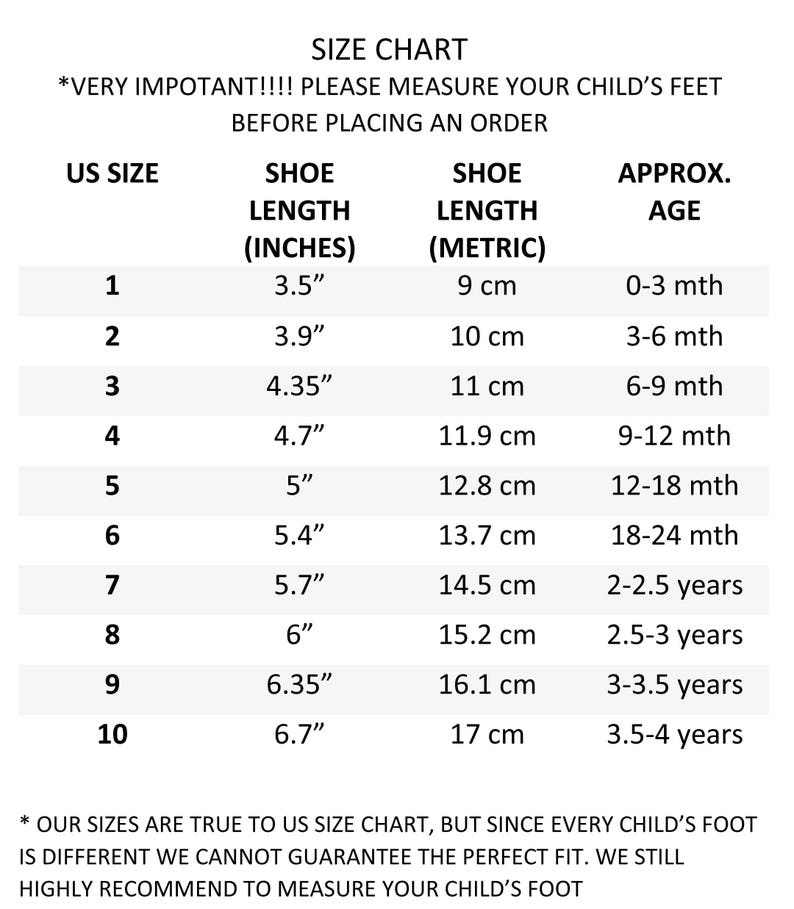 Puede incluir: Tabla de tallas para zapatos de ni&ntilde;os, que muestra la talla de zapato estadounidense, la longitud del zapato en pulgadas y cent&iacute;metros, y la edad aproximada. La tabla muestra las tallas del 1 al 10.