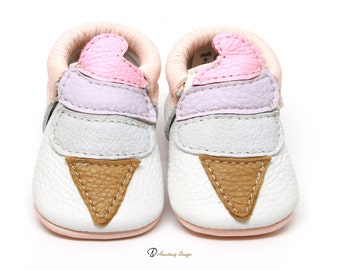 Ice Cream Leather Baby Moccasins, Handmade Shoes