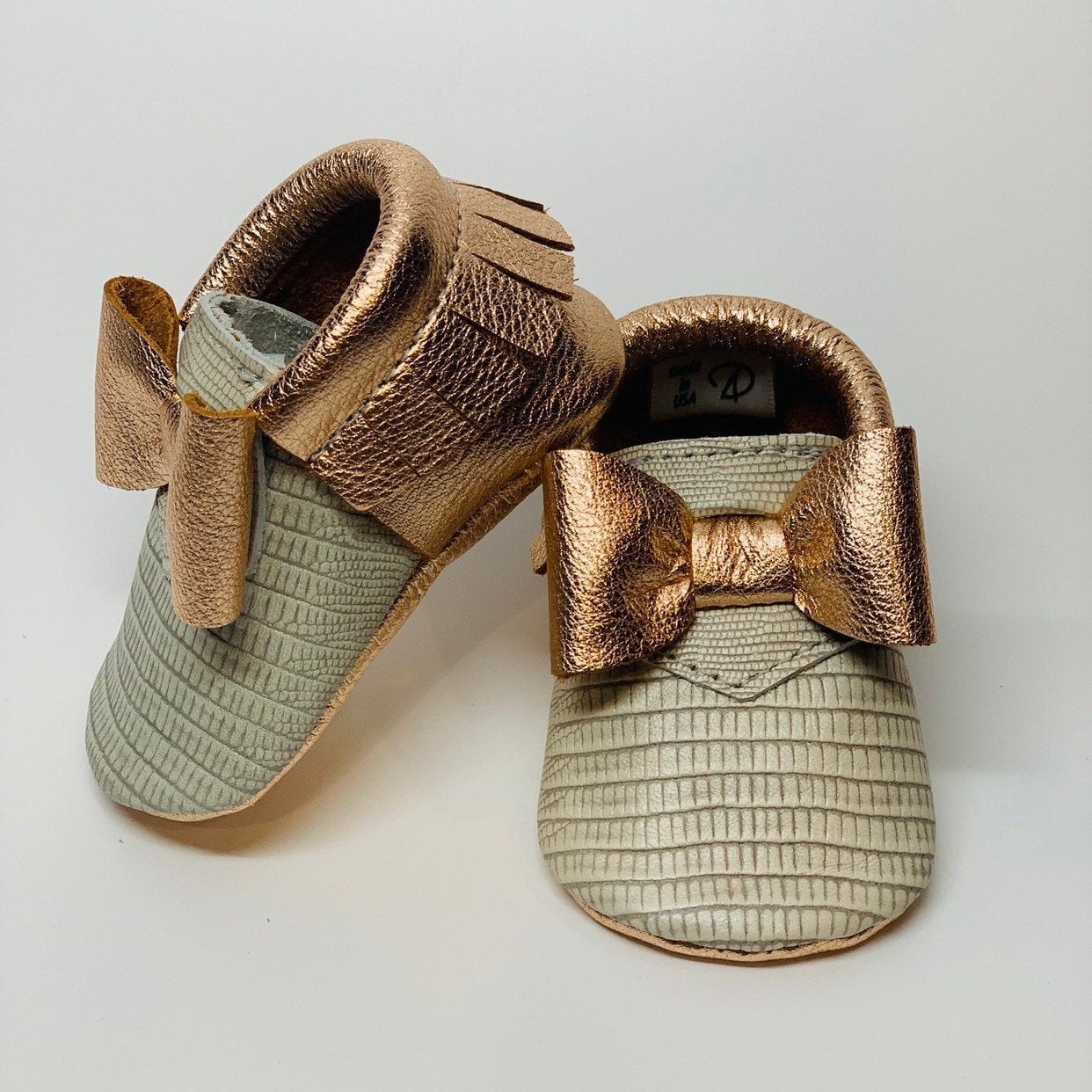 Baby Moccasins Leather Baby Moccasins Grey and Rosegold - Etsy