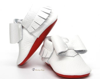 Baby Moccasins Leather  White Baby Moccasins, Red Sole Moccasins, Baby Girl Moccasins, Baby Girl Shoes, Baby Moccs