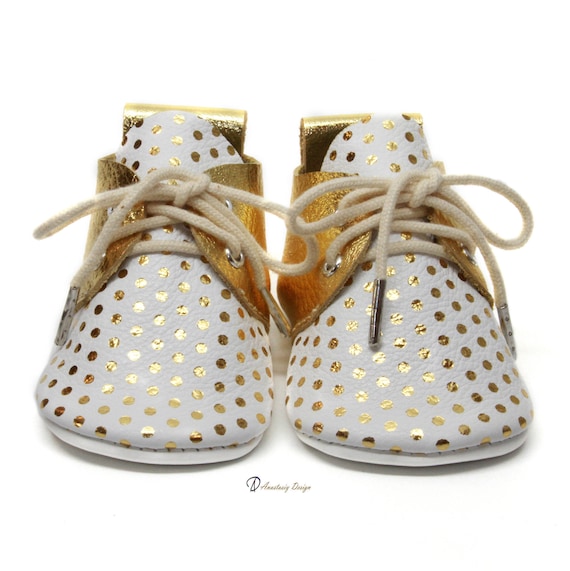 Gold Polka Dot Leather Baby Moccasins: Handmade Oxford Shoes