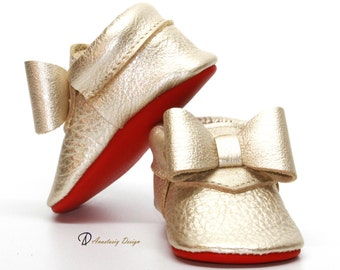 Platinum Red Bottom Baby Moccasins with Bow, Baby Girl Shoes, Princess Shoes,