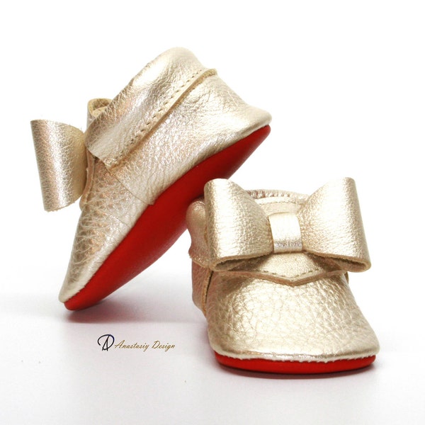 Platinum Red Bottom Baby Moccasins with Bow, Baby Girl Shoes, Princess Shoes,