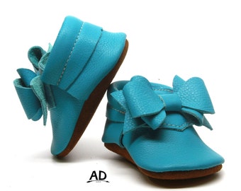 Perfect Bow Turquoise Leather Baby Moccasins With Toast Suede Bottom Baby Girl Moccasins Suede Baby Girl Shoes Princess Shoes