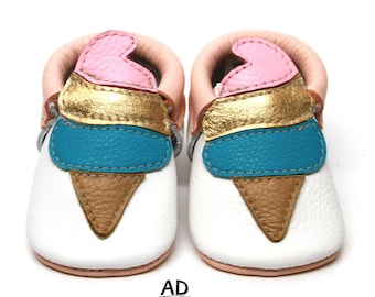Handmade Leather Ice Cream Baby Moccasins, Designer Shoes