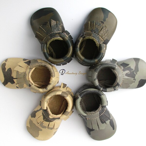 Camo Baby Moccasins Leather Fringe Baby Moccasins, Genuine Leather Baby Moccs, Toddler Moccasins, Camo Baby Shoes, Camouflage Boy Shoes