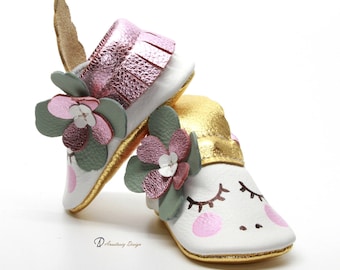 Unicorn Baby Moccasins, Pink Gold Leather Baby Moccasins, Baby Girl Shoes, Unicorn Baby Shoes, Princess Shoes, Baby Shower Gift