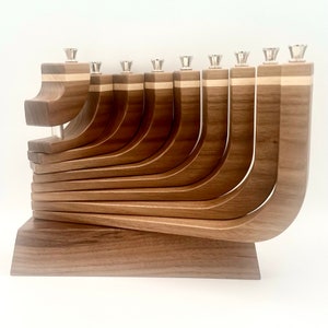 Mid Century Modern Menorah Kinetic walnut maple stripe