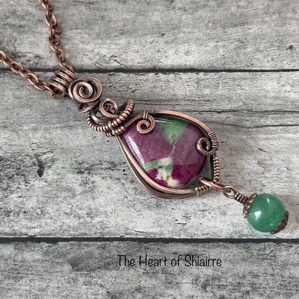 Ruby Zoisite and Aventurine wire wrapped pendant. Copper. Happiness. Appreciation. Joy. Optimism. Abundance. Handcrafted artisan jewelry.