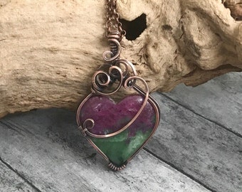 Ruby Zoisite heart wire wrapped pendant. Anyolite. Copper. Happiness. Appreciation. Abundance. Handcrafted artisan jewelry. Gift idea.