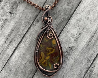 Fruit Jasper wire wrapped pendant. Copper. Strength. Energy. Stamina. Endurance. Handcrafted artisan jewelry. Gift idea. Pistachio Jasper.