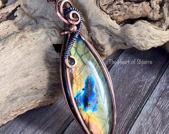 LARGE Labradorite wire wrap pendant. Amulet. Copper. Large statement piece. Protection. Intuition. Transformation. Handmade artisan jewelry.