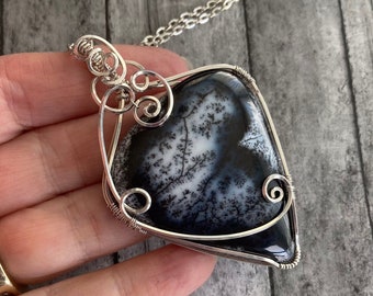Dendritic Agate wire wrapped pendant. Sterling Silver filled. Earth connection. Stability. Abundance. Handcrafted artisan jewelry. Gift idea