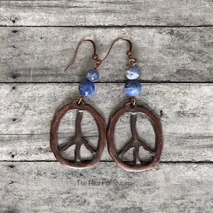 Sodalite and copper earrings. Pierced earrings. Peace sign. Emotional balance. Calming. Self esteem. Gift idea. image 1