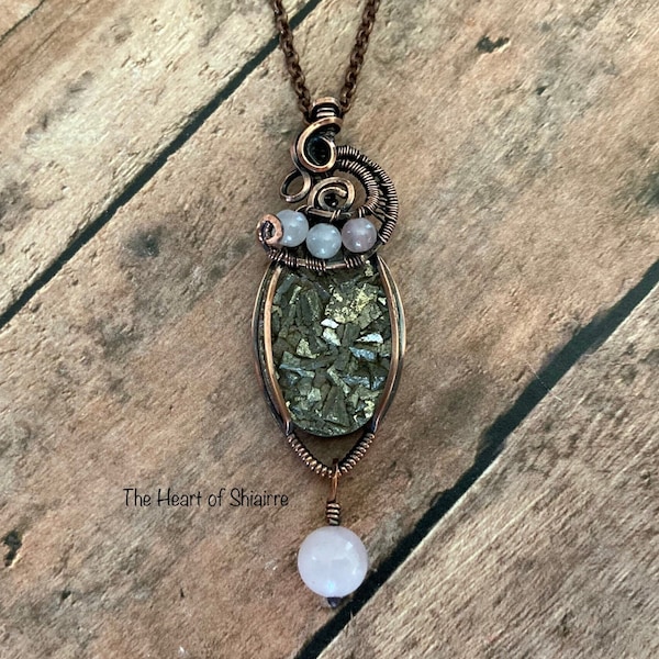 Pyrite Druzy Rose Quartz wire wrapped  pendant. Copper. Block negative energy. Harmonize solar plexus energy. Handmade artisan jewelry.