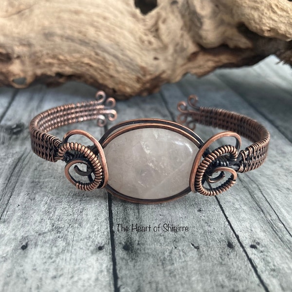 Rose Quartz wire wrapped cuff bracelet. Copper. Divine Feminine energy. Unconditional love. Emotional healing. Handcrafted artisan jewelry