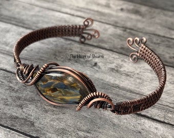 Pietersite wire wrapped cuff bracelet. Copper. Calming. Cleansing. Intuition. Personal will. Handcrafted artisan jewelry. Gift idea.